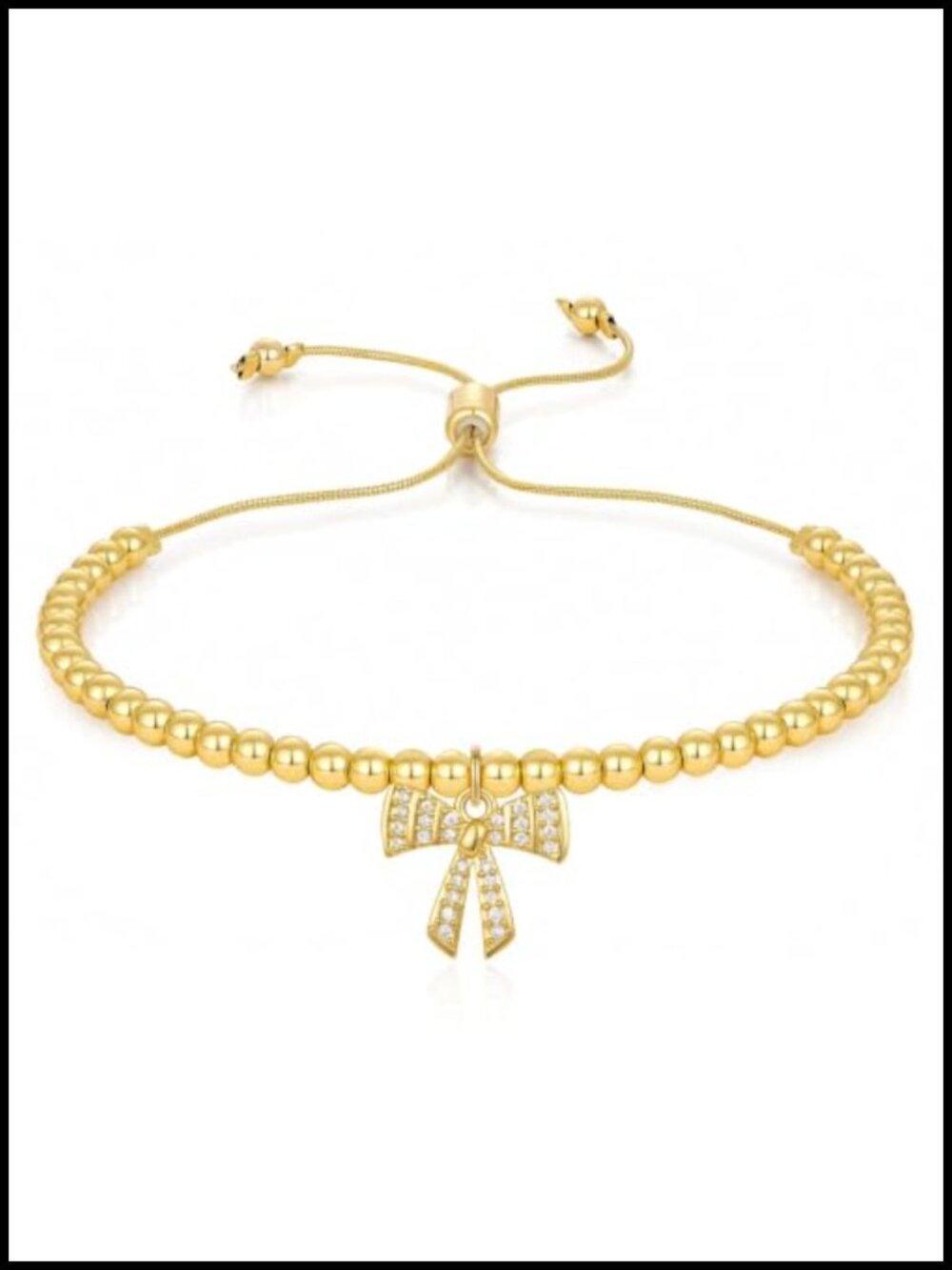 14K Gold Plated Beaded Bow Bracelet Stackable Adjustable Women Jewelry